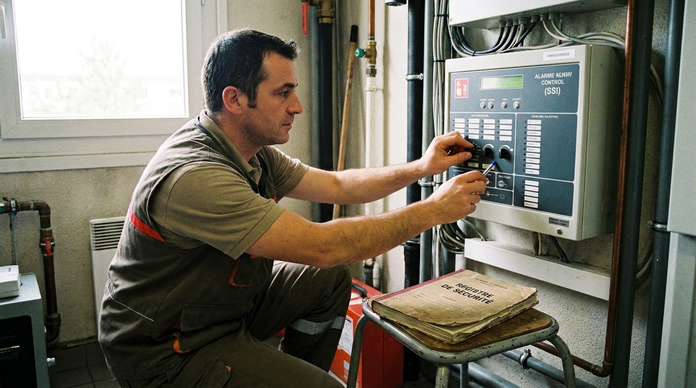 Sécurité incendie en EHPAD : obligations et évacuation 2 Sécurité et Sérénité Assurée Alise SSI Technicien vérifiant le tableau SSI d'un EHPAD avant la visite de commission