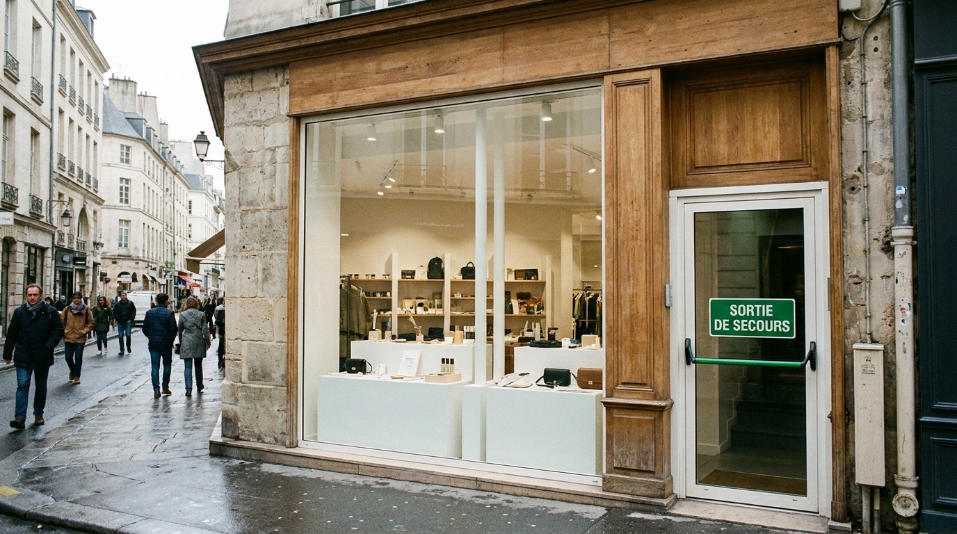 Façade d'un commerce ERP type M avec sortie de secours signalée
