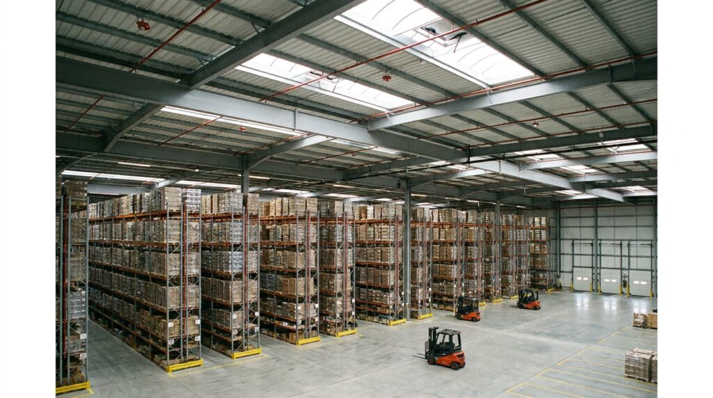 Sécurité incendie en entrepôt : ICPE et obligations 1 Sécurité et Sérénité Assurée Alise SSI Entrepôt logistique équipé de désenfumage de toiture et de détection incendie