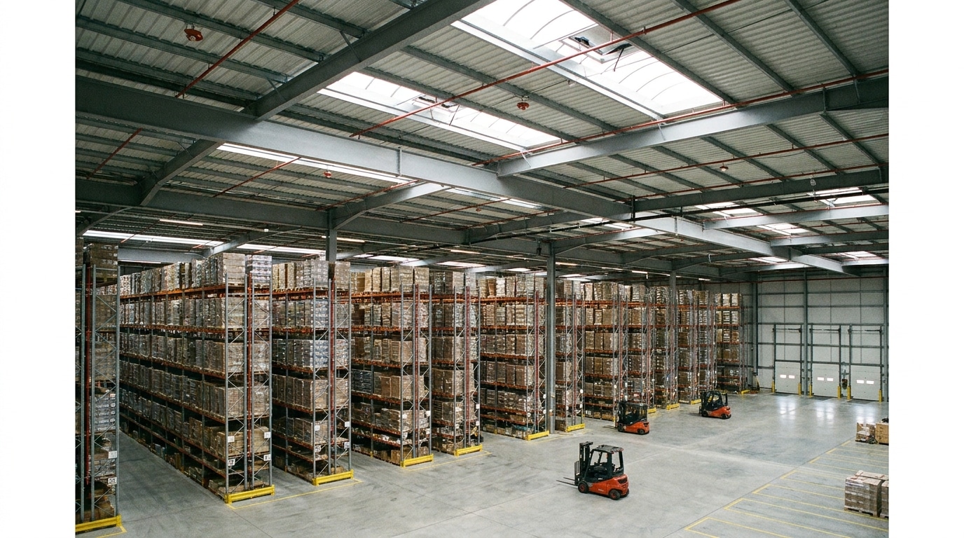 Entrepôt logistique équipé de désenfumage de toiture et de détection incendie