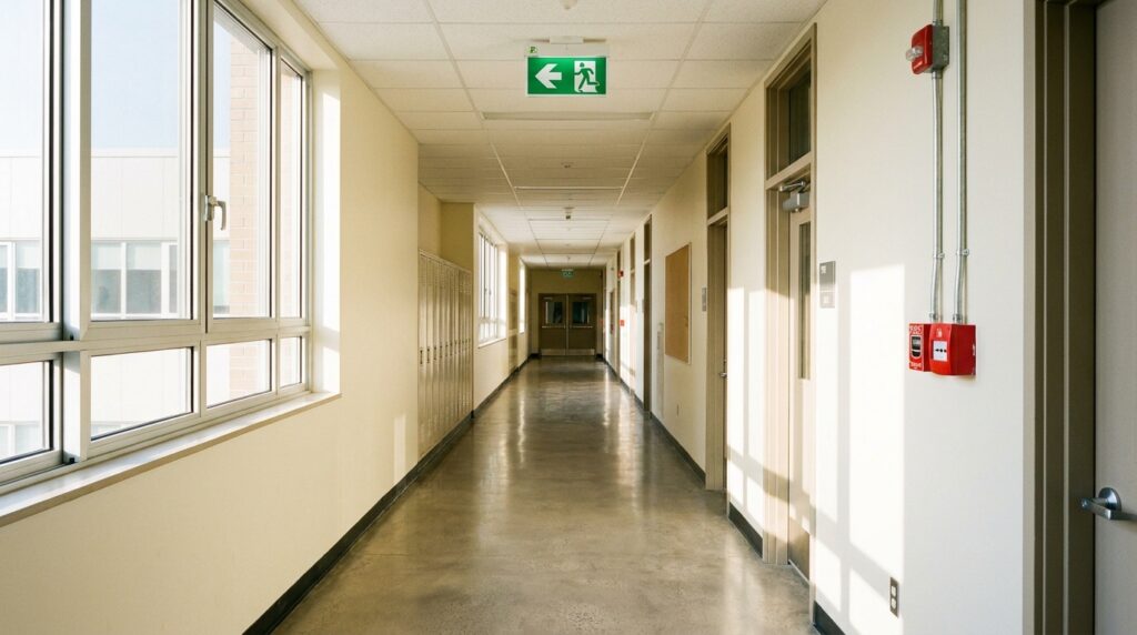 Sécurité incendie dans un établissement scolaire 1 Sécurité et Sérénité Assurée Alise SSI Couloir d'école avec BAES et déclencheur manuel d'alarme incendie