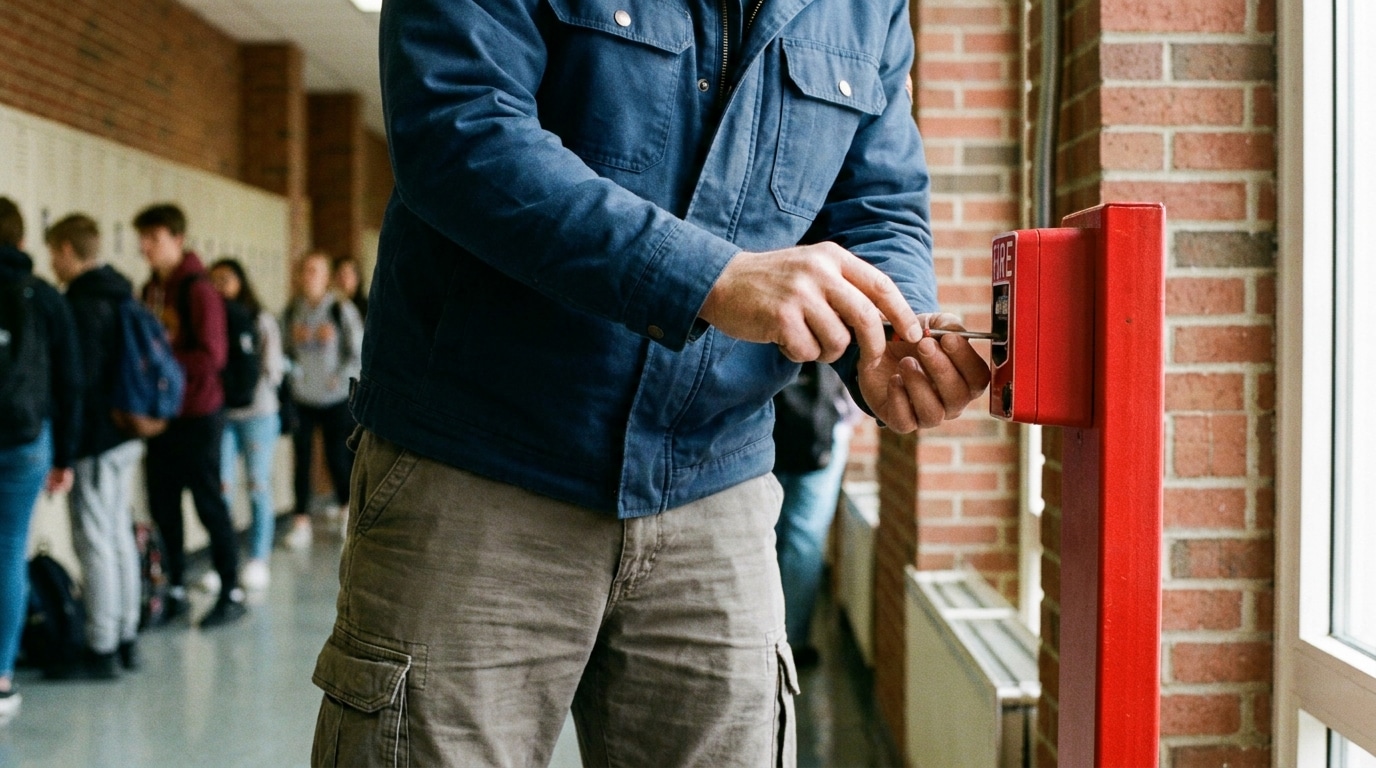 Sécurité incendie dans un établissement scolaire 1 Sécurité et Sérénité Assurée Alise SSI Technicien vérifiant un déclencheur d'alarme incendie dans une école