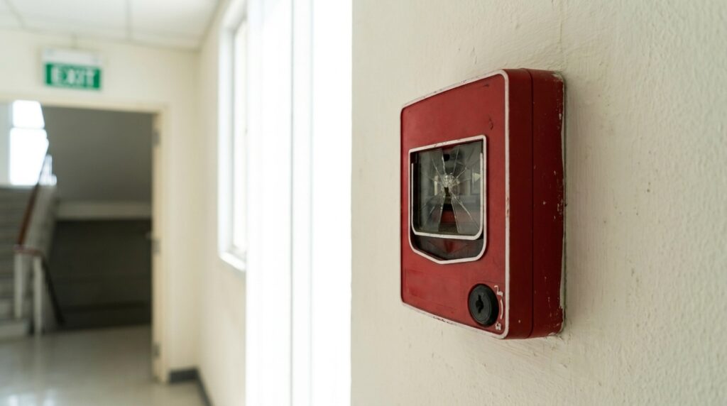 Déclencheur manuel d'alarme : implantation et règles 1 Sécurité et Sérénité Assurée Alise SSI Déclencheur manuel d'alarme incendie rouge fixé au mur d'un couloir professionnel
