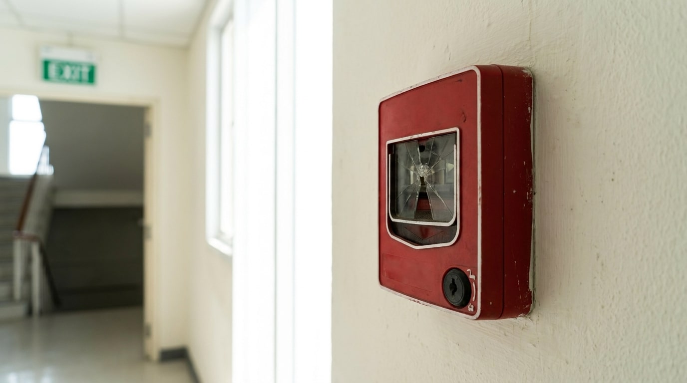 Déclencheur manuel d'alarme incendie rouge fixé au mur d'un couloir professionnel