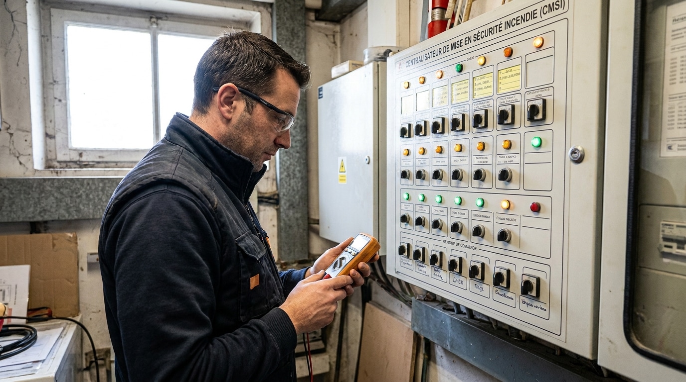 Technicien vérifiant un CMSI dans un local technique conforme à la norme NF S 61-931