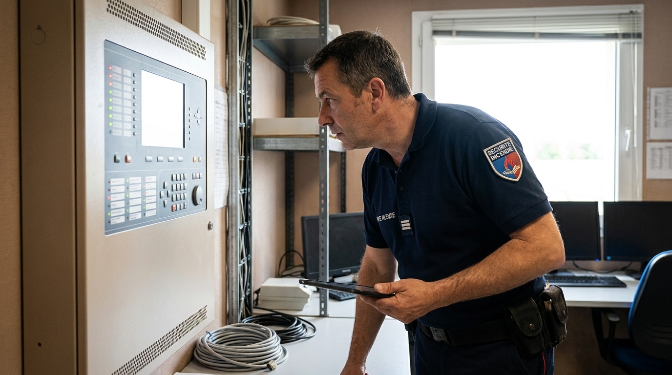 Technicien vérifiant un tableau de signalisation d'alarme incendie de type 1