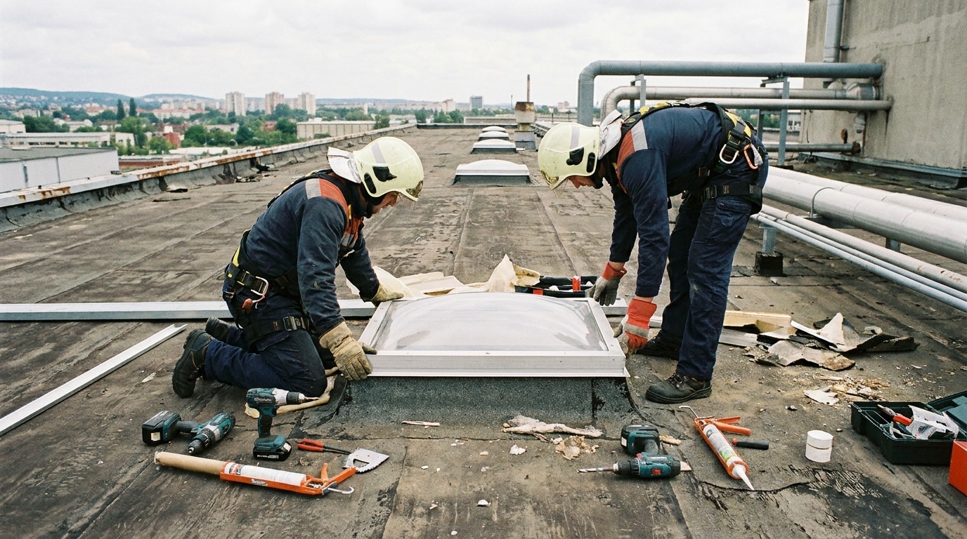 Techniciens installant une trappe de désenfumage sur une toiture de bâtiment professionnel
