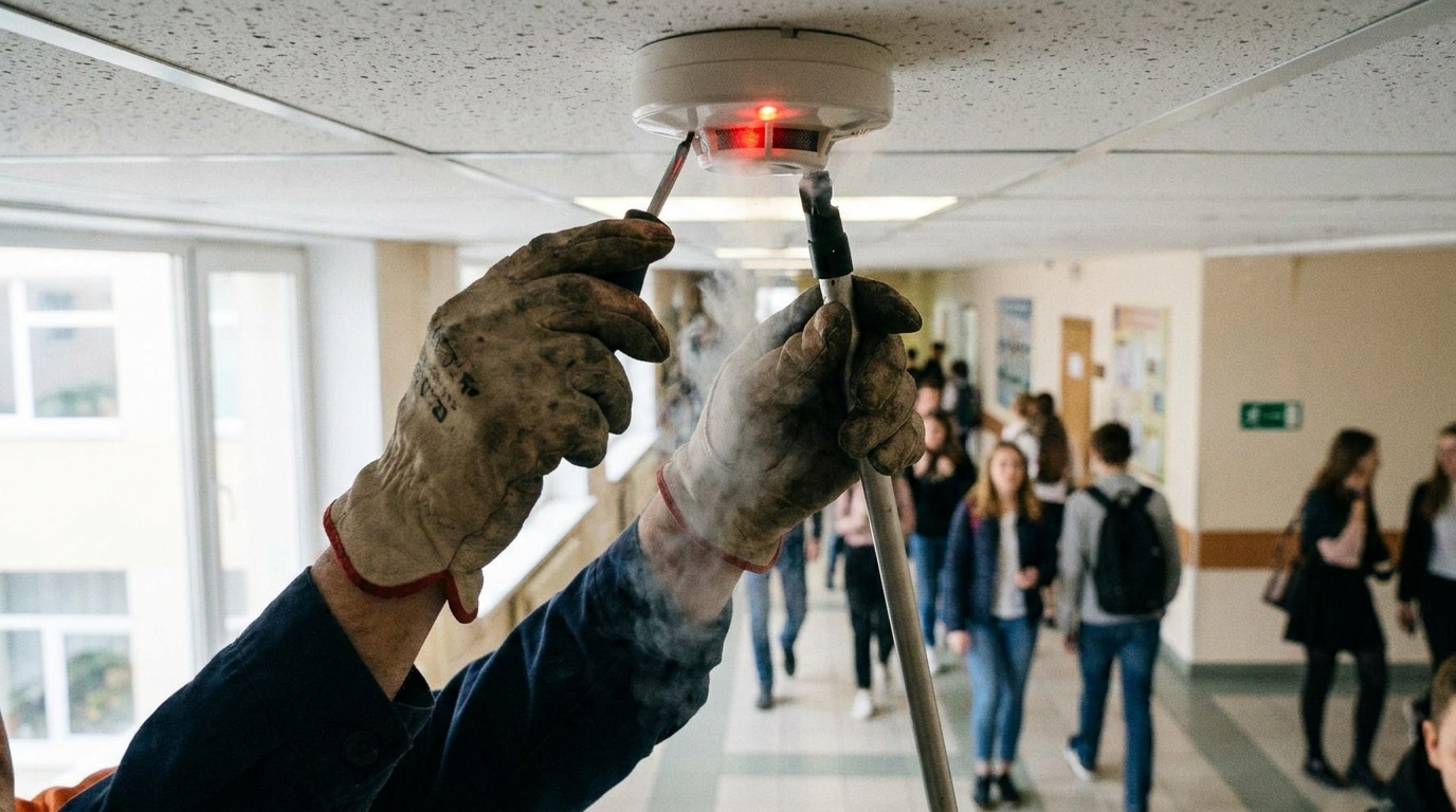 Contrat de maintenance SSI : prestations incluses et comparatif d'offres 1 Sécurité et Sérénité Assurée Alise SSI Technicien testant un détecteur de fumée pendant une visite de maintenance préventive SSI