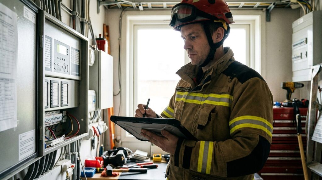 Contrat de maintenance SSI : prestations incluses et comparatif d'offres 1 Sécurité et Sérénité Assurée Alise SSI Technicien vérifiant un tableau de signalisation incendie lors d'une visite de maintenance SSI
