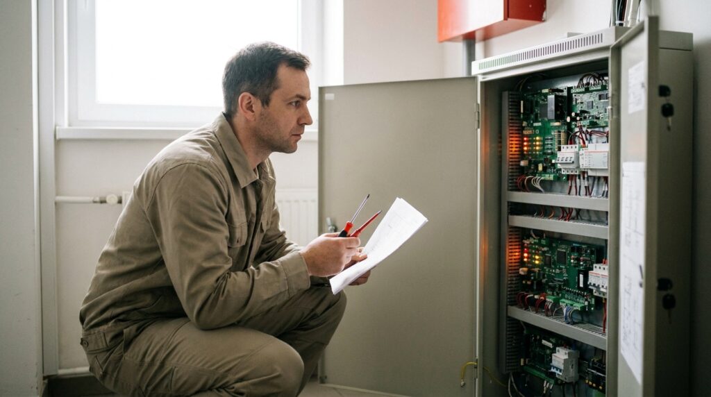 Remplacement d'un CMSI obsolète : quand investir et comment choisir 1 Sécurité et Sérénité Assurée Alise SSI Technicien examinant une armoire CMSI ouverte dans un local technique