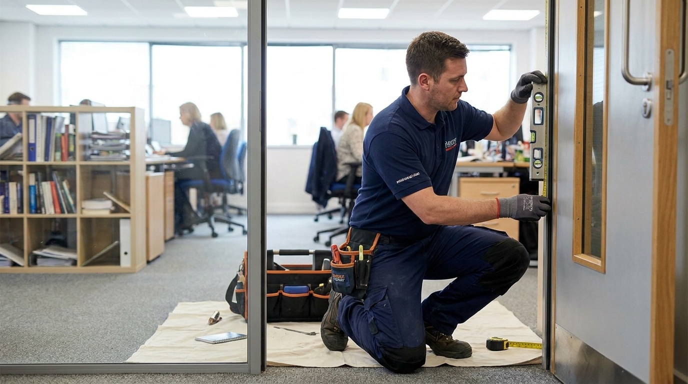Prix d'une porte coupe-feu posée en ERP : fourchettes et critères 1 Sécurité et Sérénité Assurée Alise SSI Technicien posant une porte coupe-feu lors d'une installation en ERP