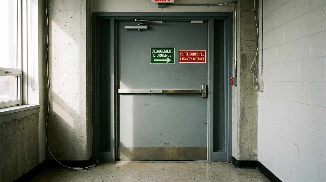 Porte coupe-feu métallique installée dans un couloir d'ERP avec ferme-porte