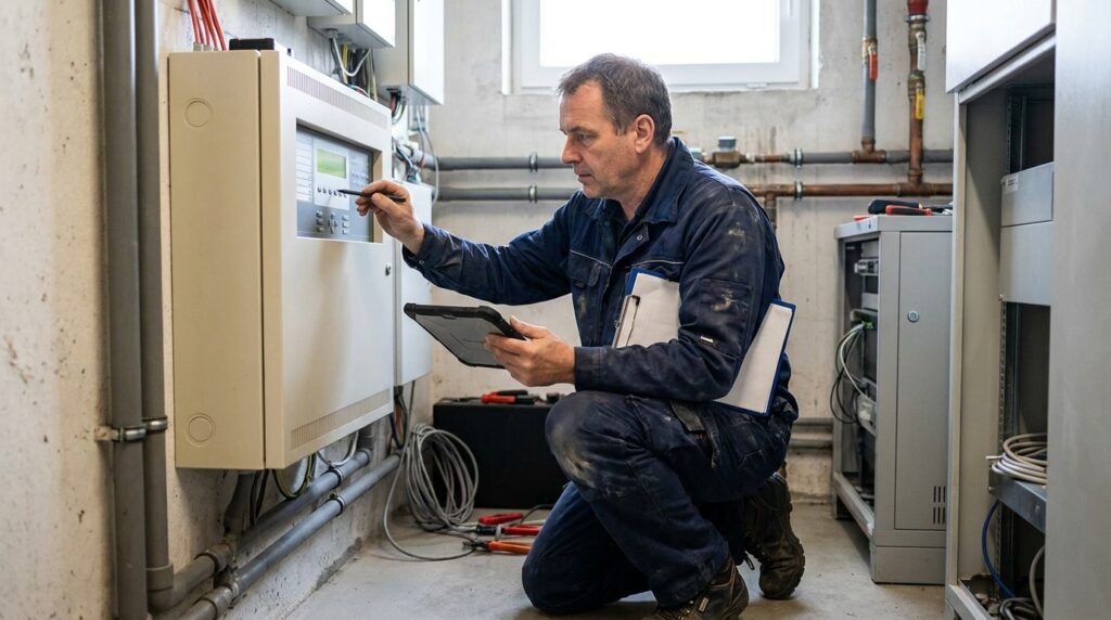 Vérification SSI : organisme agréé ou installateur, que choisir ? 1 Sécurité et Sérénité Assurée Alise SSI Technicien vérifiant un tableau de signalisation incendie dans un local technique