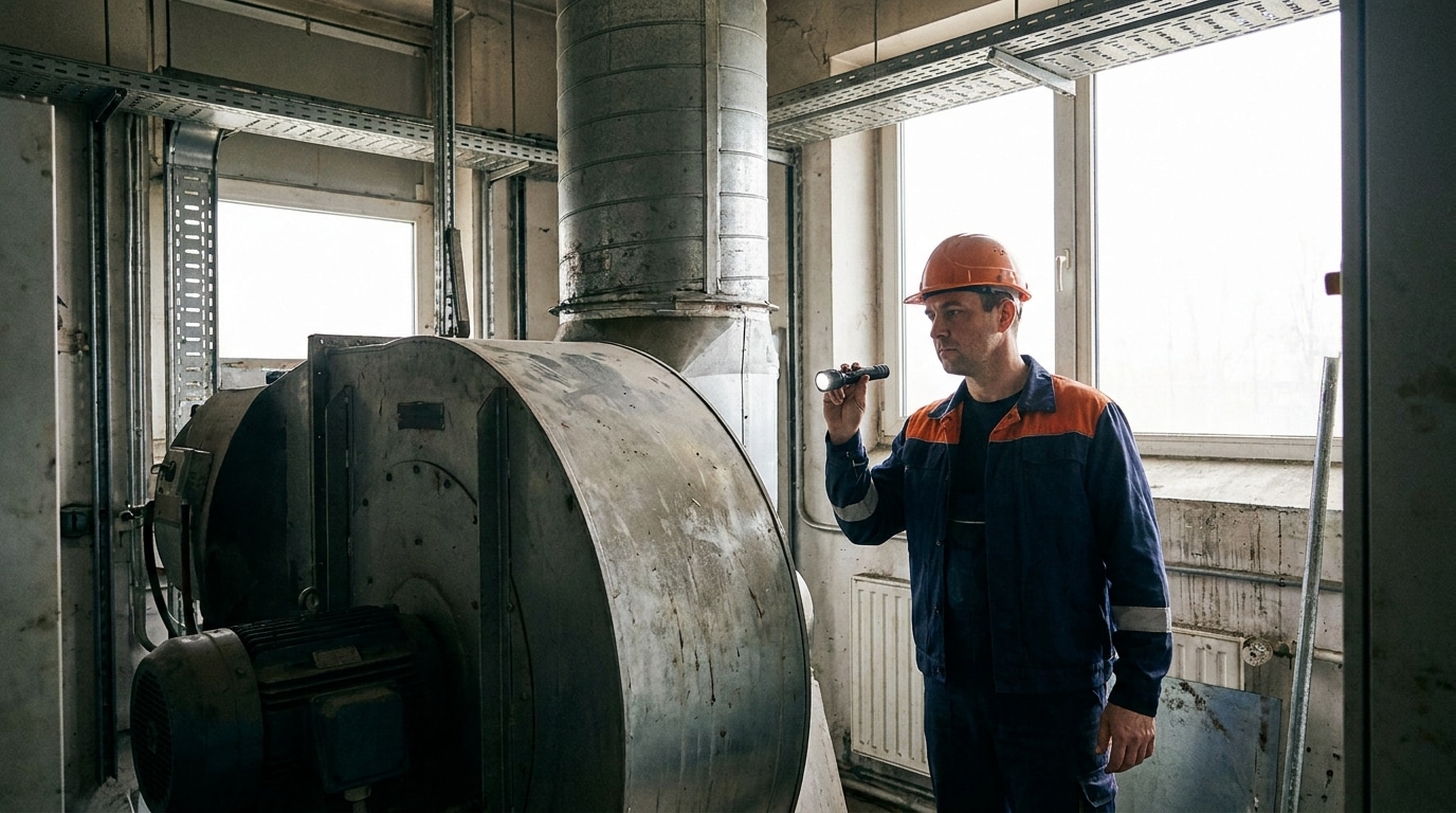 Technicien inspectant un ventilateur de désenfumage dans un local technique