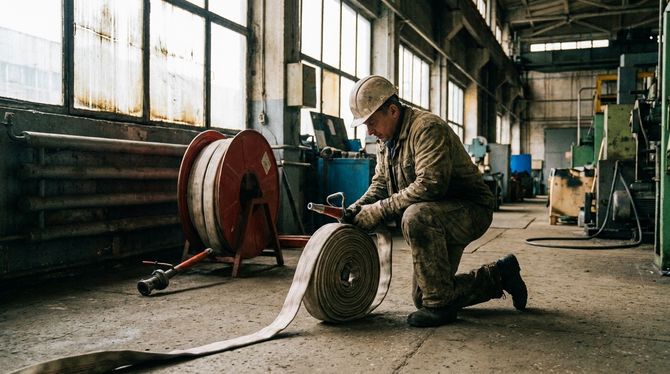 Robinet d'incendie armé (RIA) : fonctionnement, normes et implantation 1 Sécurité et Sérénité Assurée Alise SSI Technicien vérifiant l'implantation et l'état d'un RIA dans un site industriel