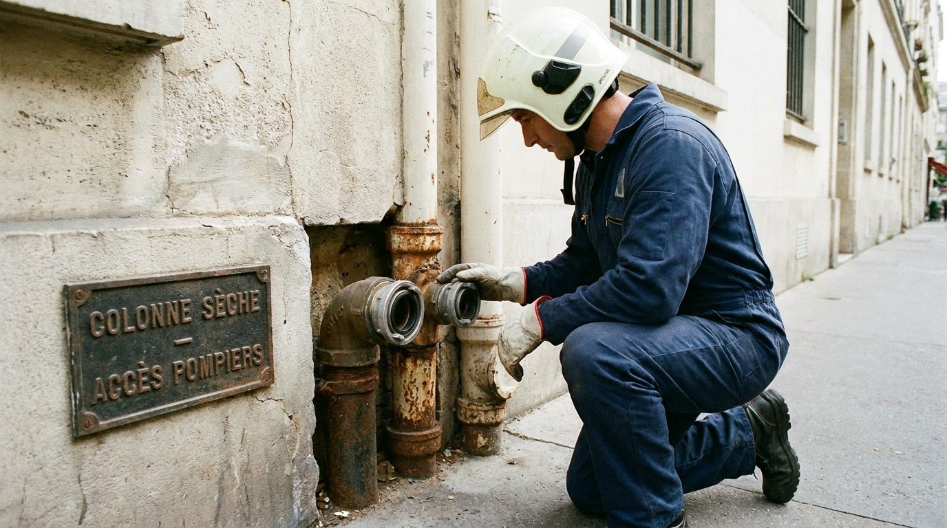 Colonne sèche : rôle, implantation et obligations en ERP et IGH 1 Sécurité et Sérénité Assurée Alise SSI Technicien vérifiant l'orifice d'alimentation d'une colonne sèche en pied d'immeuble