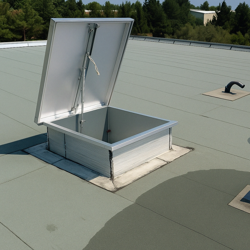 exutoire de fumée ouvert sur toiture-terrasse, équipement de désenfumage naturel